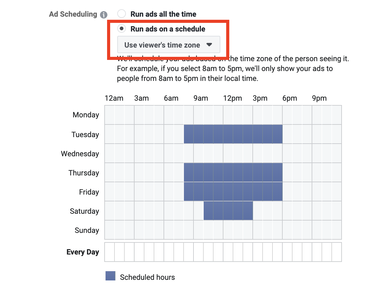 Set Facebook ad scheduling to run on a schedule
