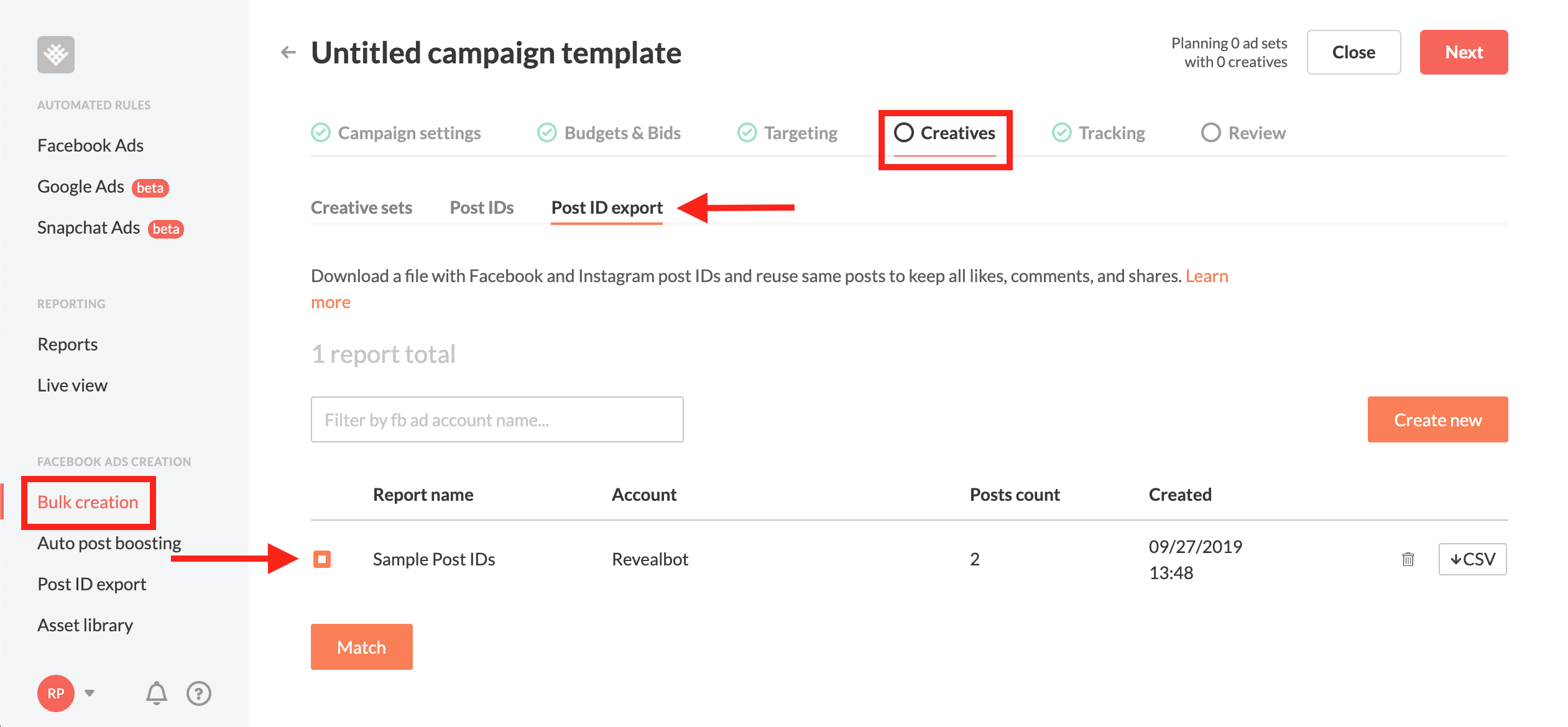 How to bulk create ads with post ID