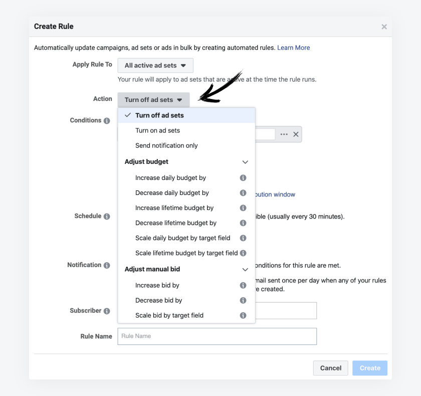 Available actions for Facebook Automated Rules