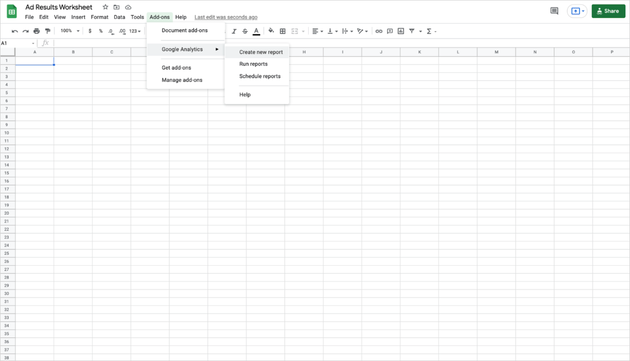 Setting up a Google Analytics report via a Google Sheet add-on
