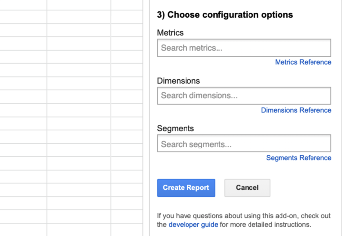 Choosing configuration options for the Google Analytics report in Google Sheets