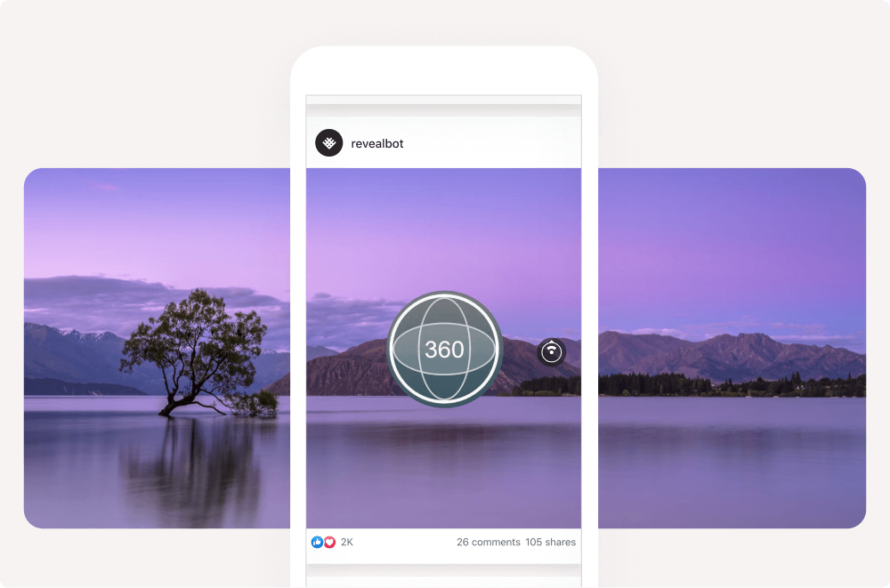 A panorama ad, an elongated canvas with a dusk landscape shot. A 360 symbol in the center.