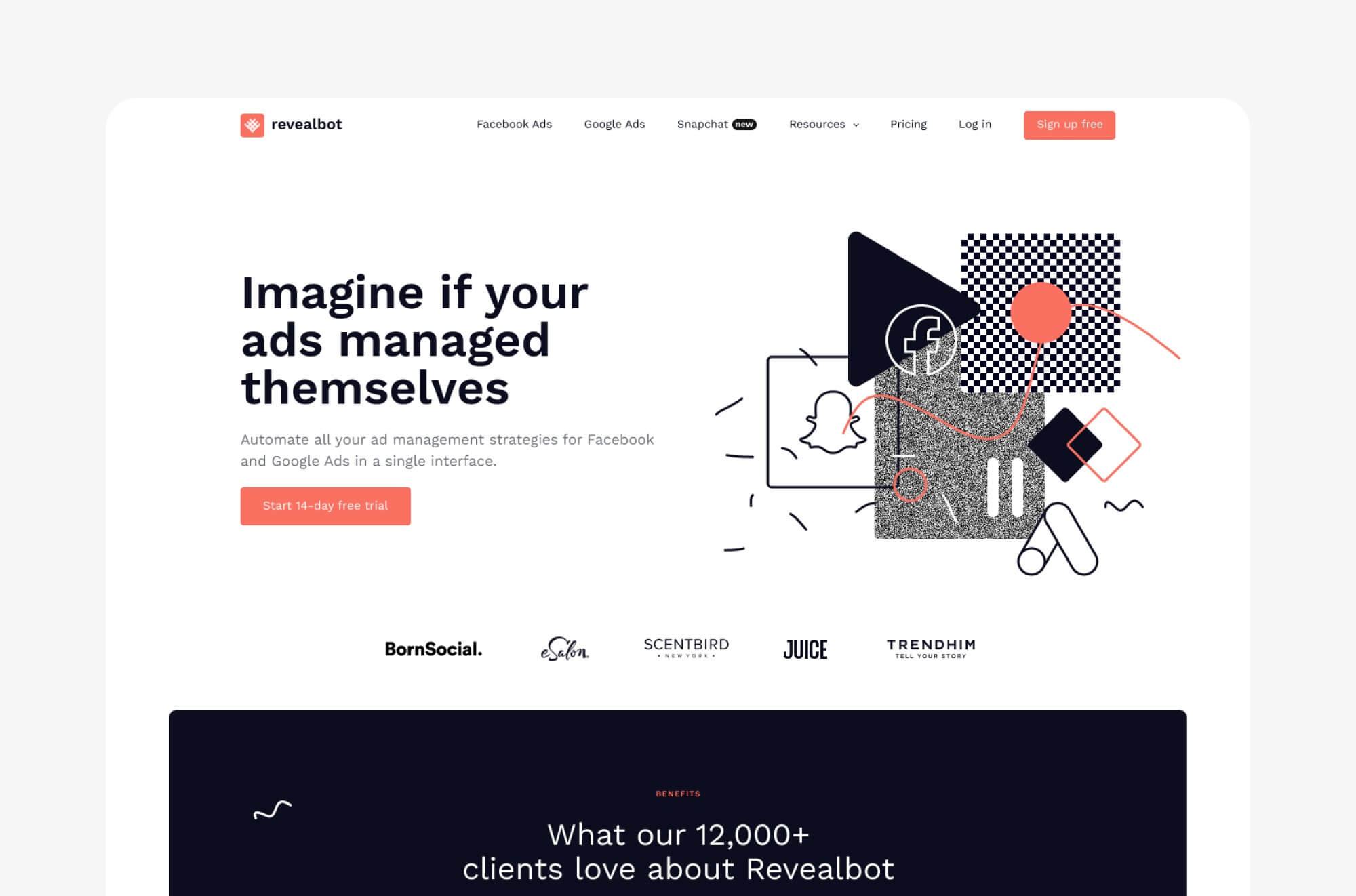 Old Revealbot homepage with tagline and hand-drawn illustrations and patterns.