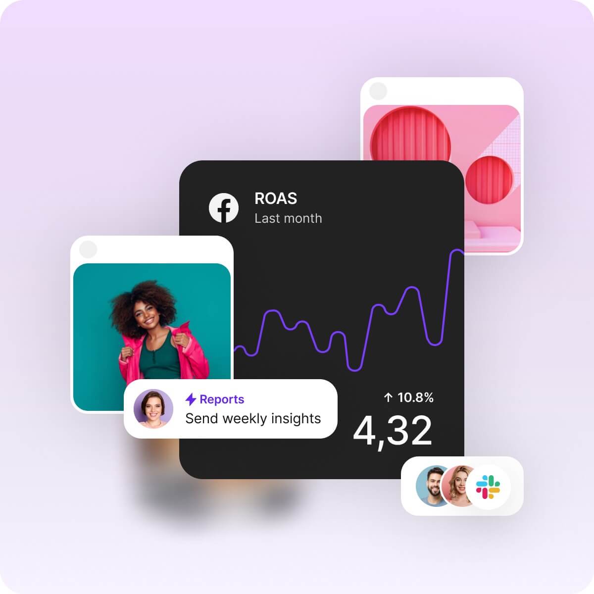 Hovering analytics widgets and ad miniatures on a blurred pastel-pink background.