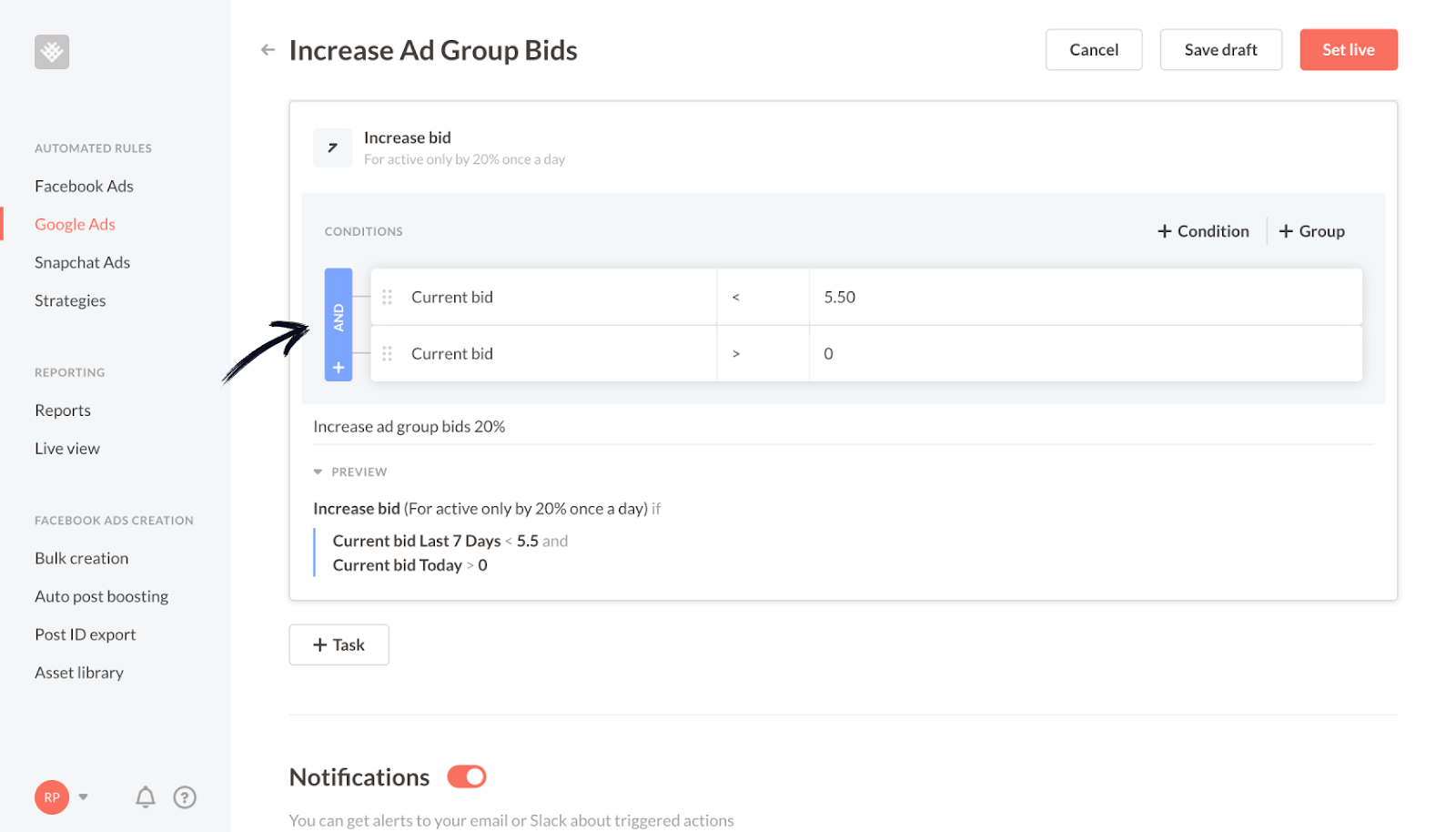 Revealbot's Google adwords rules - Increase the bid