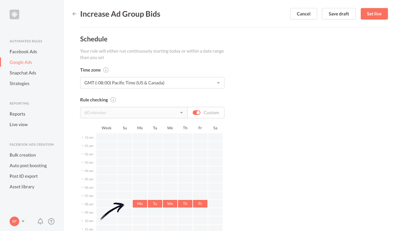 Revealbot's Google adwords rules - scheduling