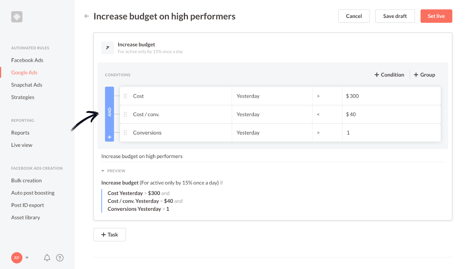 Revealbot's Google adwords rules - increase budget