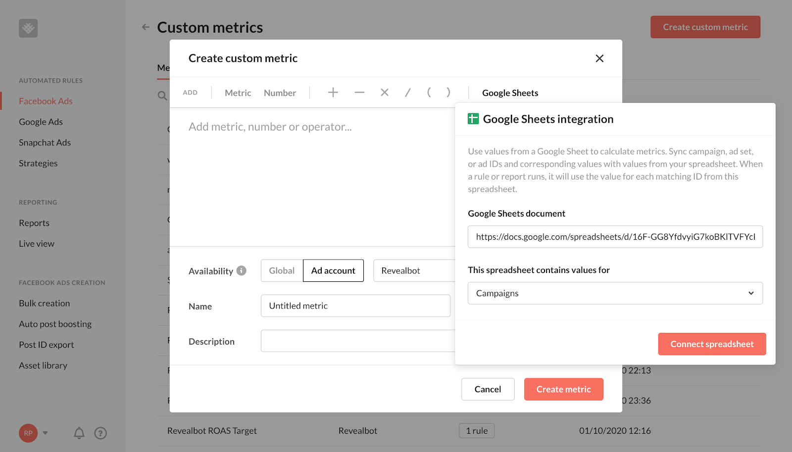 Google sheets Revealbot custom metrics