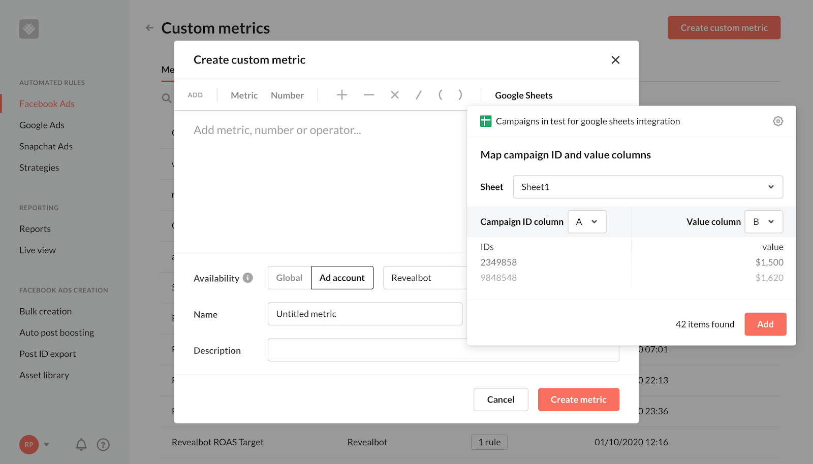 Google sheets Revealbot custom metric data