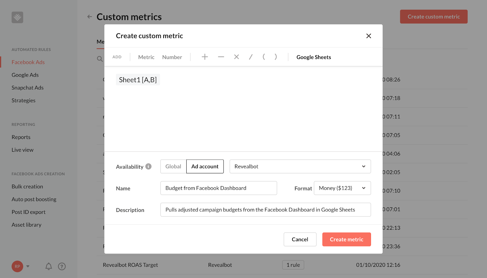 Google sheets Revealbot custom metric