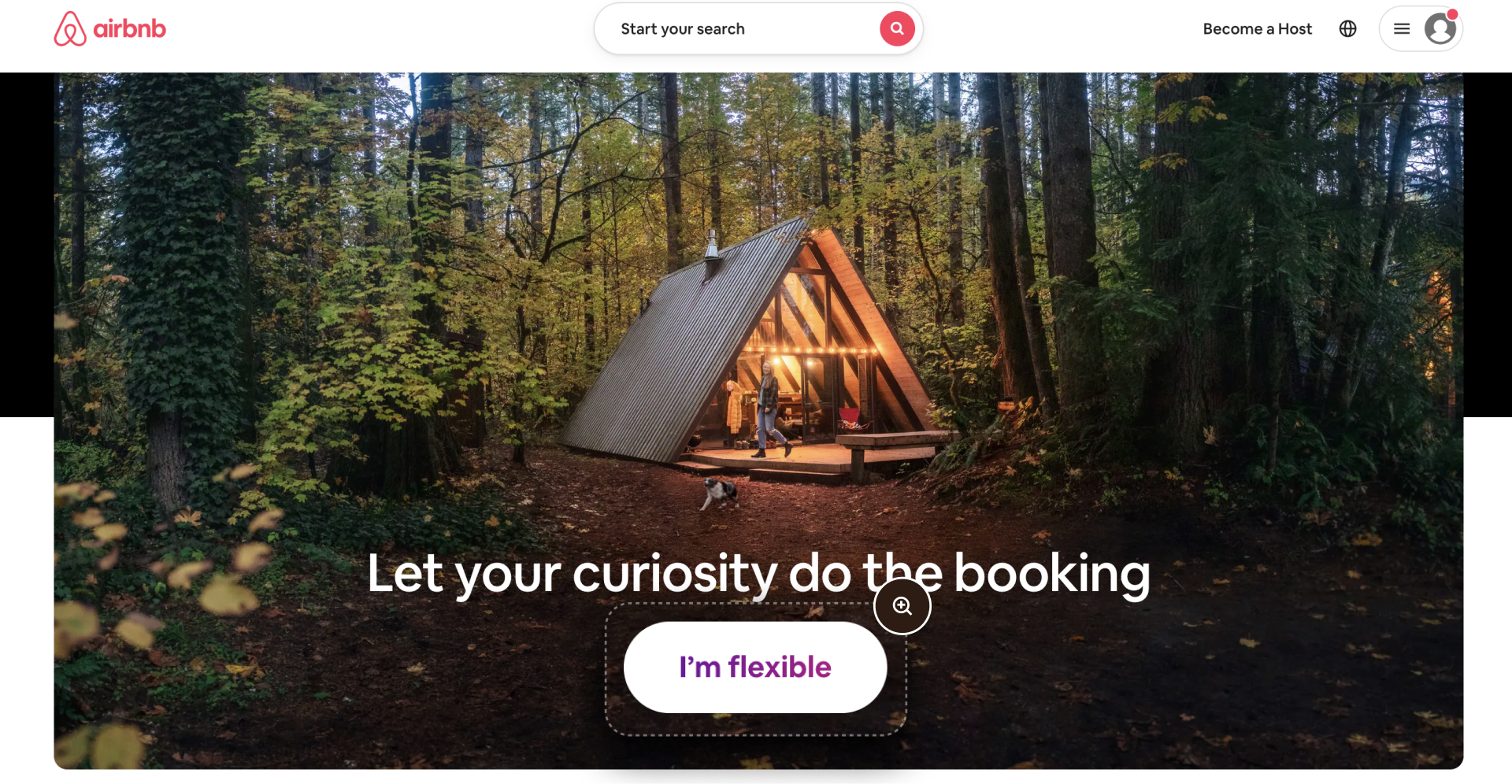 airbnb landing page screenshot with white I'm flexible call-to-action button