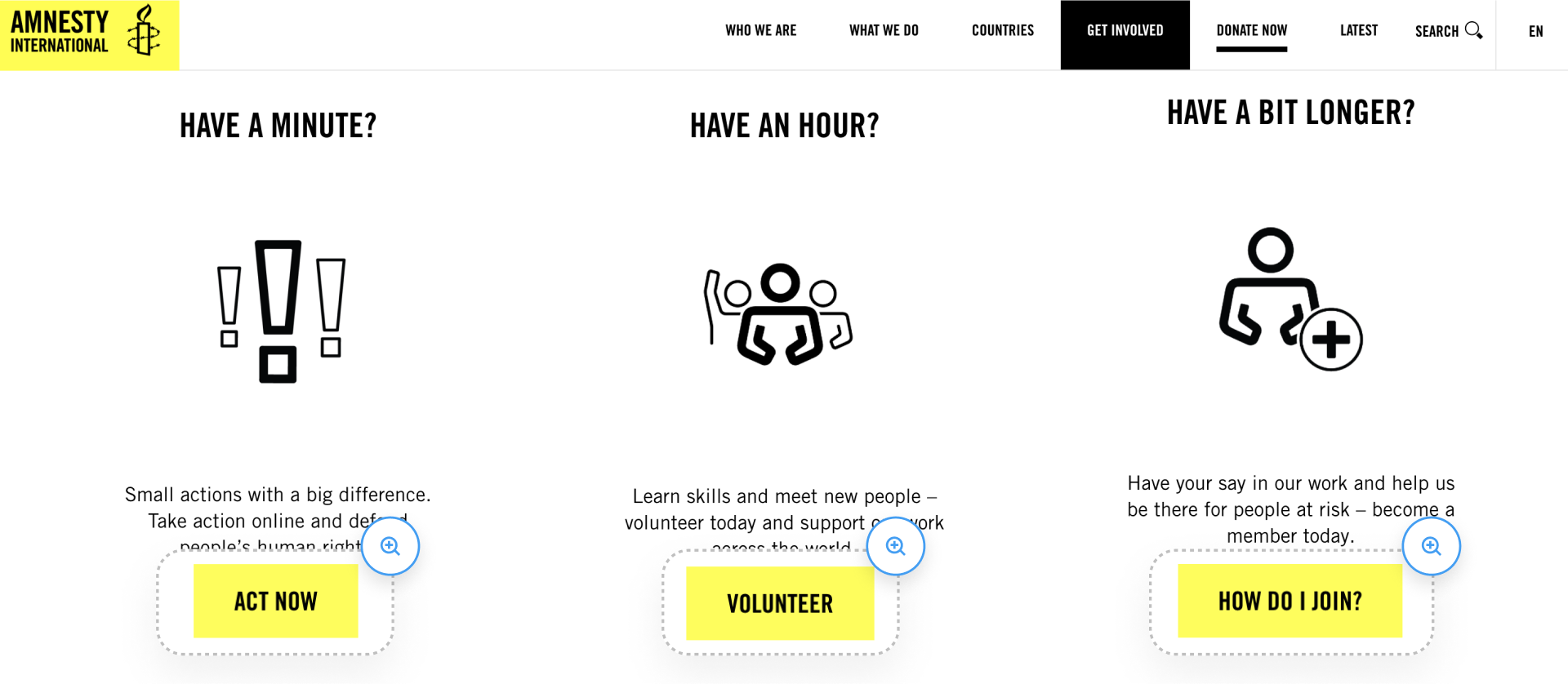 Amnesty International landing page screenshot with three yellow call-to-action buttons saying ACT NOW, VOLUNTEER, and HOW DO I JOIN?