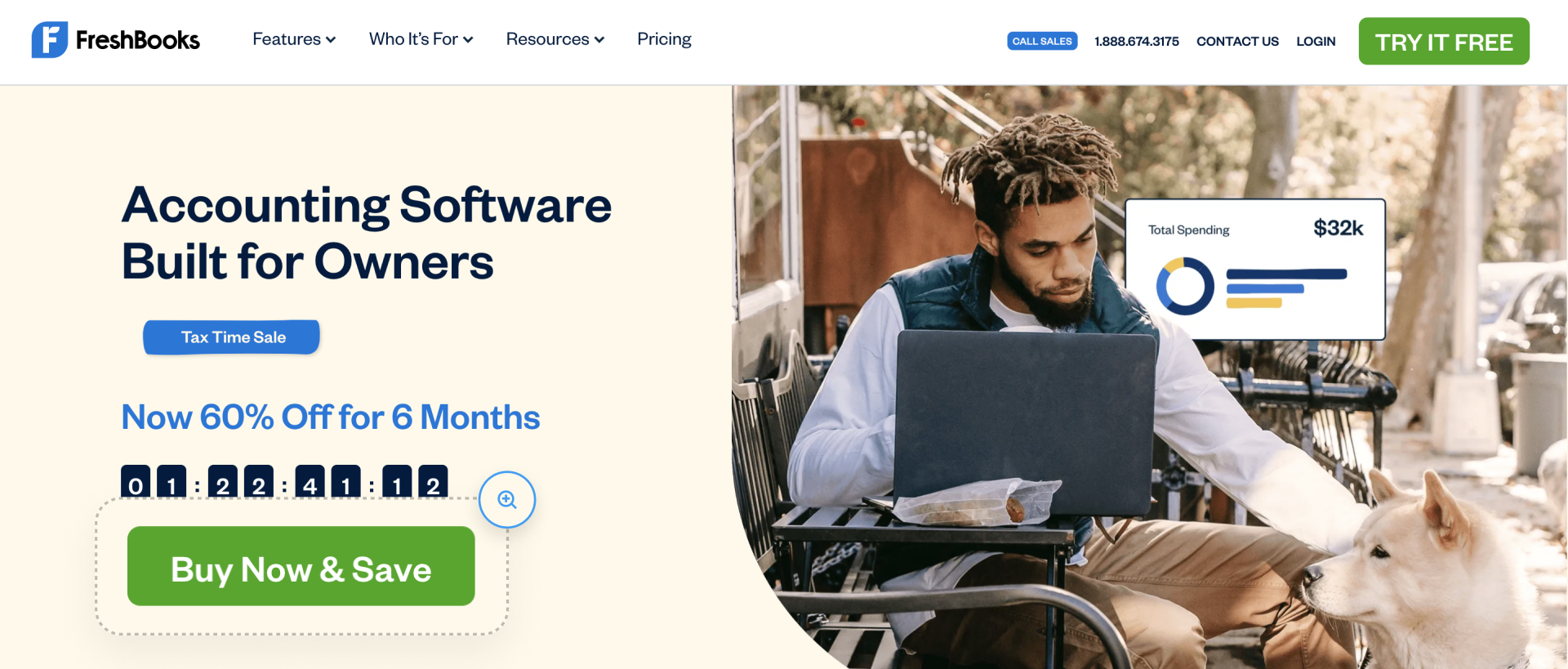 FreshBooks landing page screenshot with green Buy Now & Save call-to-action button