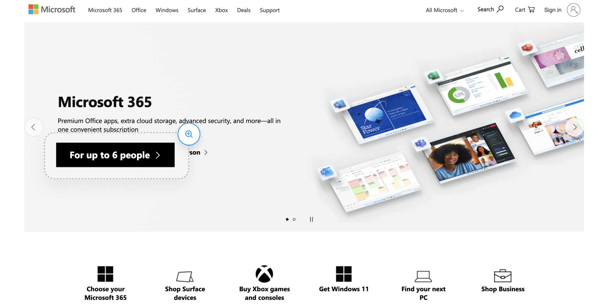 Microsoft 365 landing page screenshot with black For up to 6 people call-to-action button