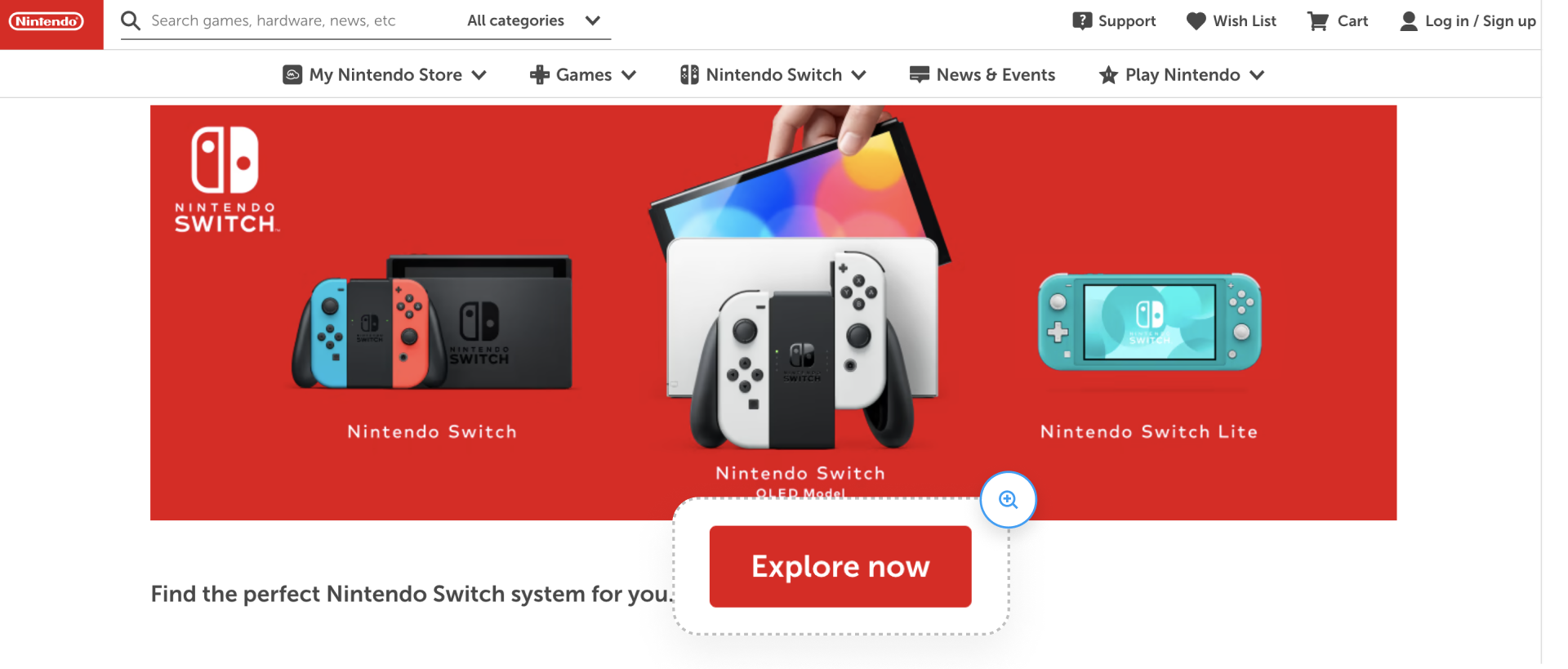 Nintendo Switch landing page screenshot with red Explore now call-to-action button