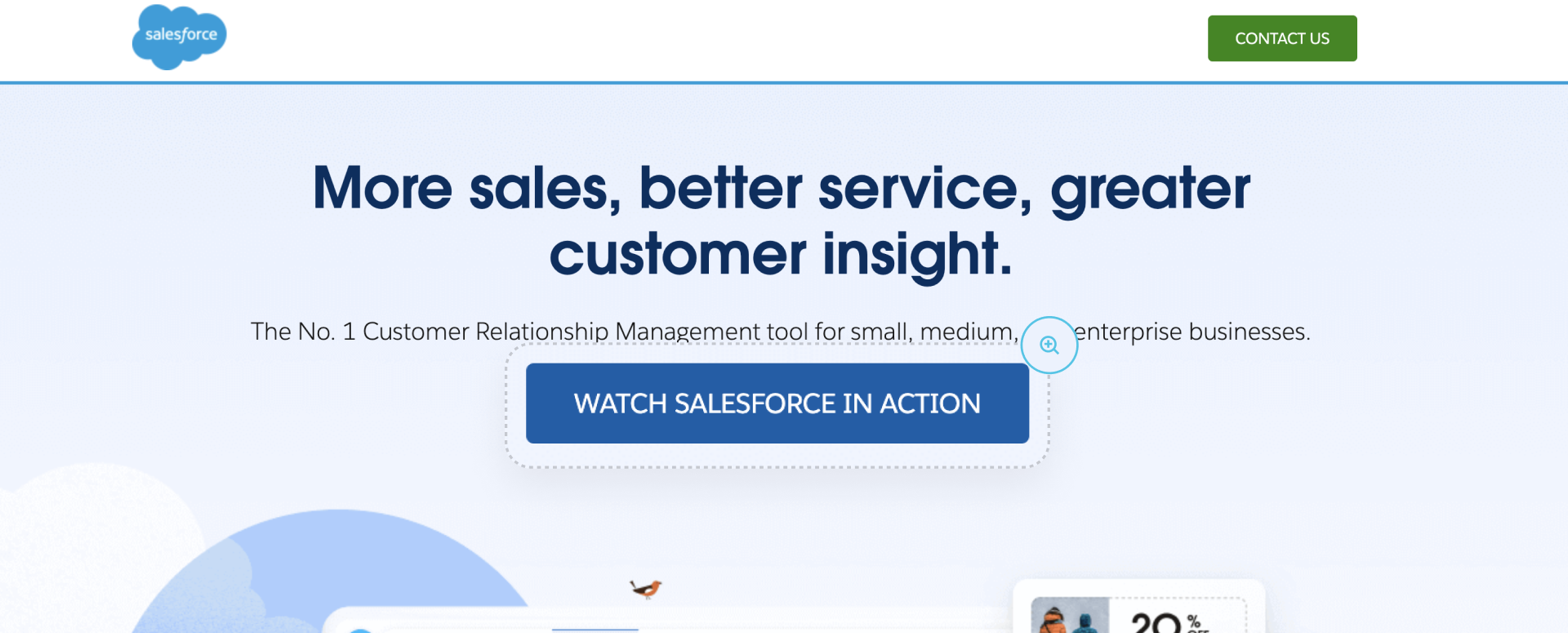 Salesforce landing page screenshot with blue WATCH SALESFORCE IN ACTION call-to-action button