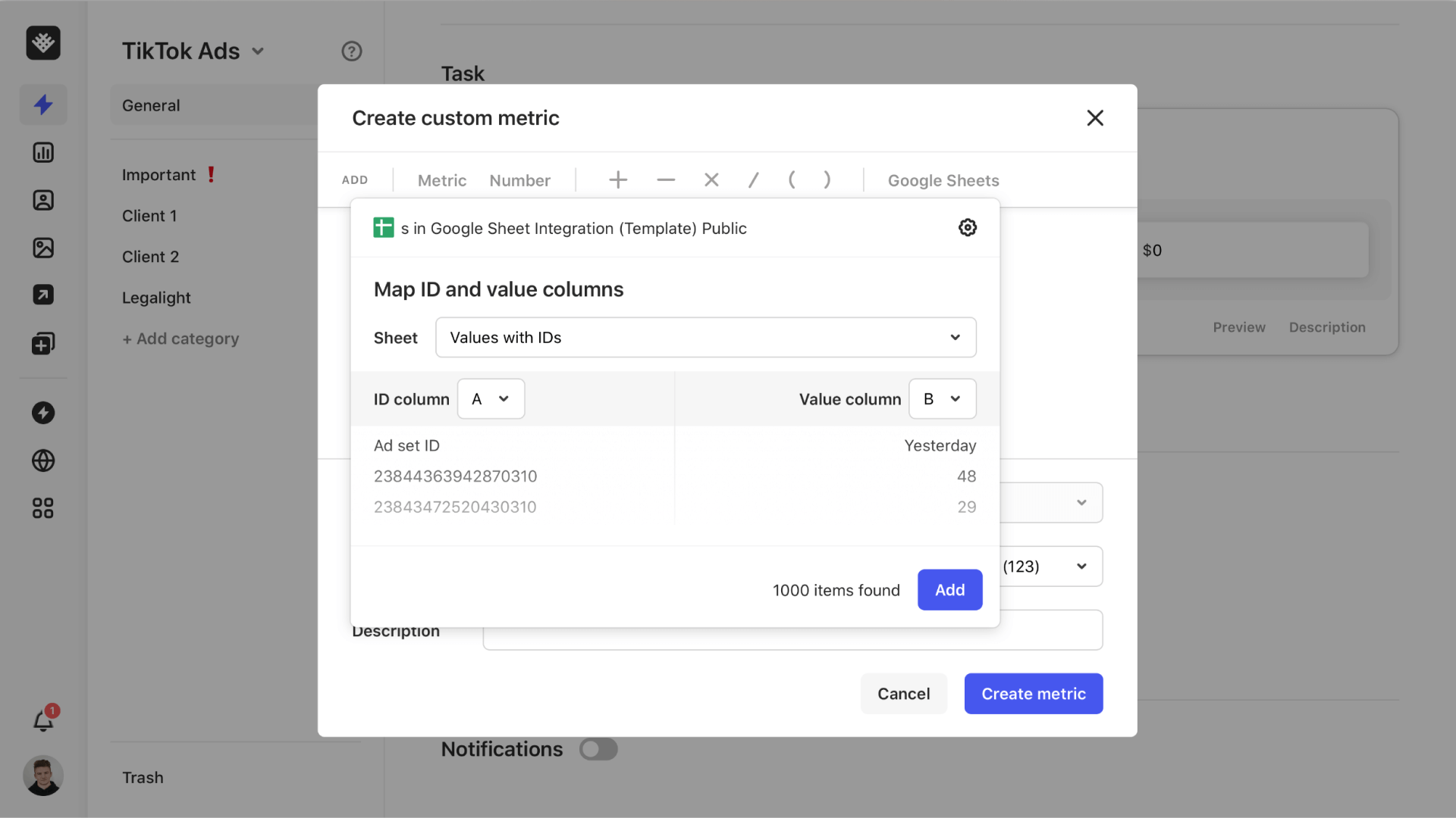 Select the column from Google Sheets for custom metrics in Revealbot