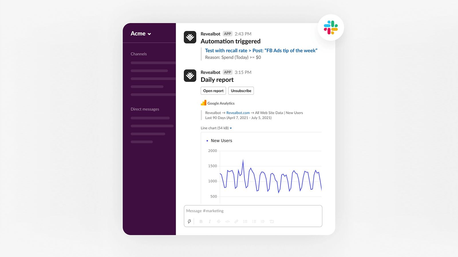Slack alerts with Revealbot reporting