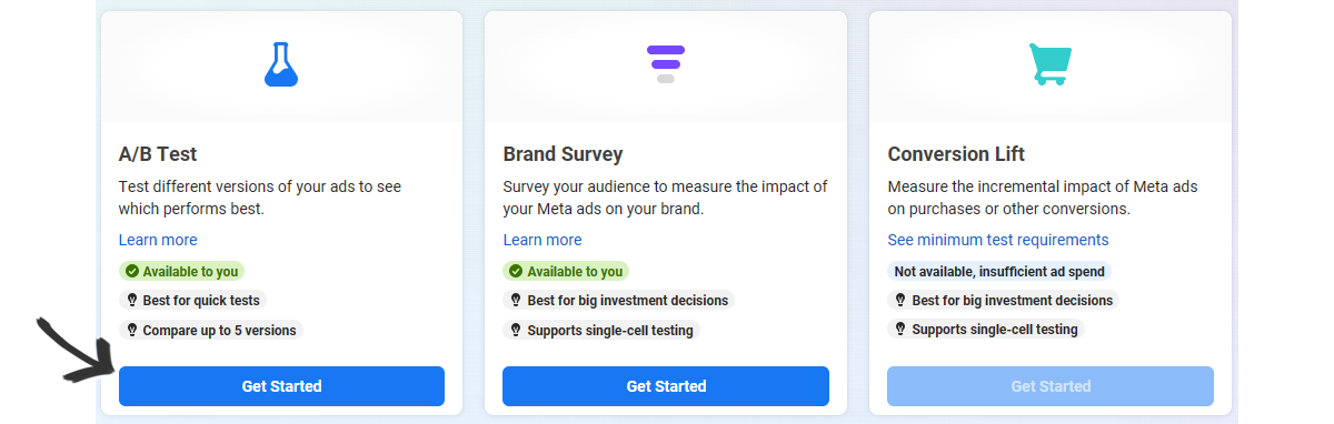 Facebook A/B Testing - Experiments page - Get Started