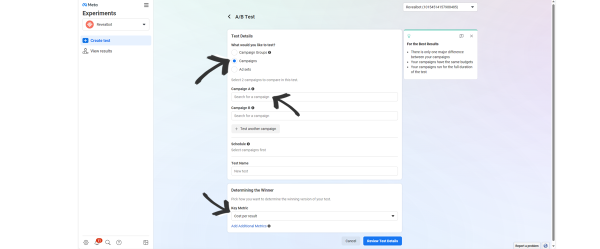 Facebook A/B Testing - Experiments page settings