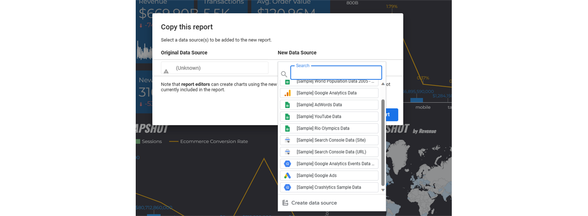 Google data studio - copy report - Data source